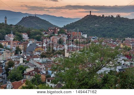 Sunset view of city of Plovdiv from Nebet tepe hill, Bulgaria