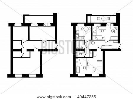 Plan for apartments before and after redevelopment with furniture.House interior. Black and White floor plan of a modern apartment. Vector blueprint. Architectural background.