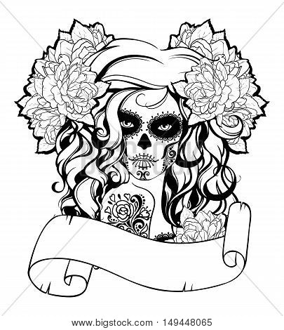 Skull girl in a flower wreath and place for text. Black and white illustration
