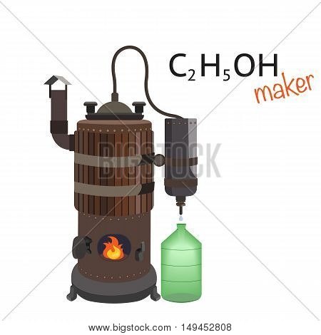 Copper distiller makes an alcoholic drink. Distillation machine. Drink made from Braga. Vector flat isolated cartoon illustration.