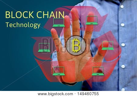 Block chain network concept and bitcoin icons double exposure of hand showing word diagram as concept distributed ledger technology.
