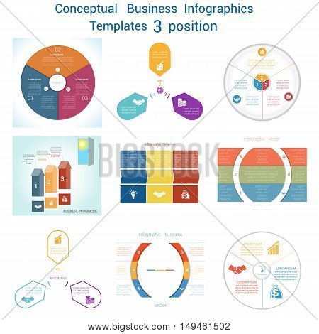 Set Vector templates Infographics business conceptual cyclic processes for three positions text area possible to use for pie chart workflow banner diagram web design timeline area chart