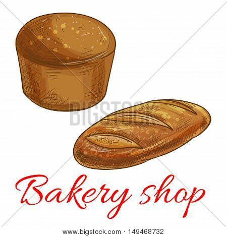 Bread icons for bakery shop. Vector pencil sketch of round rye bread and wheat bread loaf