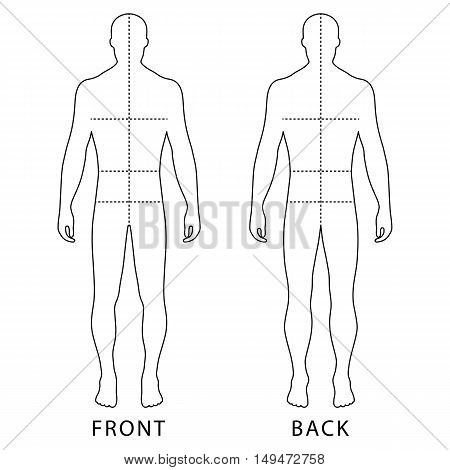 Fashion man's outlined template figure silhouette (front & back view) with marked body's sizes lines vector illustration isolated on white background