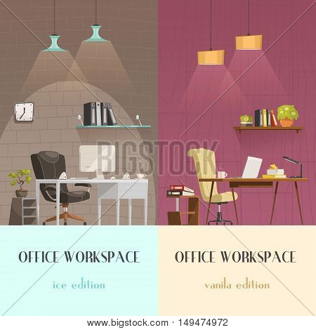 Lighting solutions for modern office workspace pleasant environment 2 vertical cartoon banners colorful background isolated vector illustration