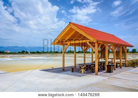 View at salty fields landscape in Croatia, Nin town background.