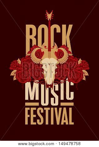banner poster for festival rock music with goat skull roses and electric guitar