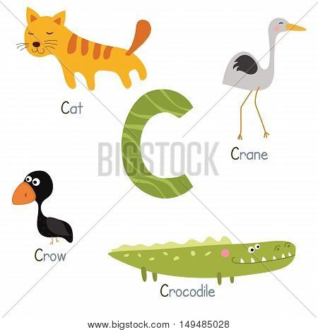 Cute vector zoo alphabet. Funny cartoon animals: crow cat crane crocodile.