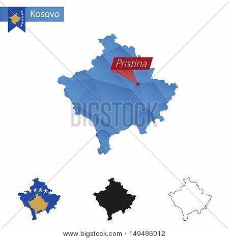 Kosovo Blue Low Poly Map With Capital Pristina.