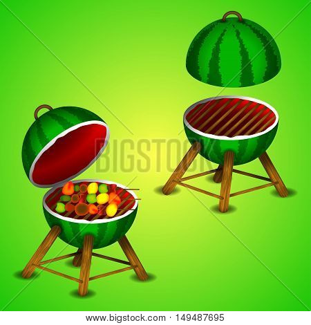 Watermelon Barbecue Grill set on green background, vector illustration.