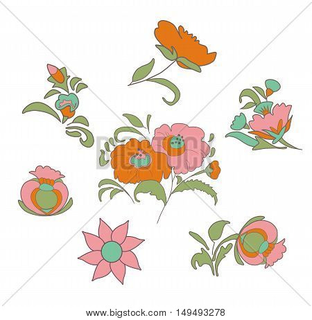 Set of fabulous vintage flowers in ethnic folk style for your design ideas