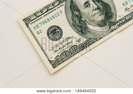 One Hundred Dollar Bill Closeup On White Background