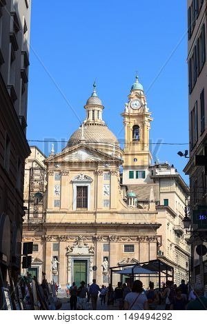 Genoa, Italy - June 26, 2016: Church Chiesa del Gesu. The church was built at the end of the 16th century. It is located at the square Piazza Matteotti in the center of Genoa.