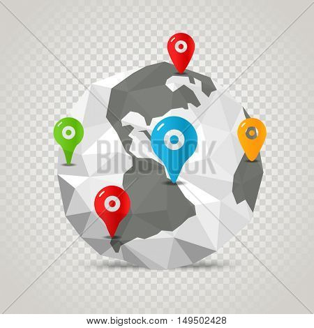 The Earth with abstract World map. Infographic template with pins on transparent background