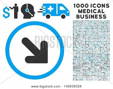 Arrow Down Right icon with 1000 medical commerce gray and blue glyph pictographs. Set style is flat bicolor symbols white background.