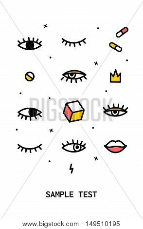 Poster with design elements 80's. Circle with the eyes, lips and crown. Psychedelic pints fabric, bags, T-shirts. The poster for the cover, party, holiday