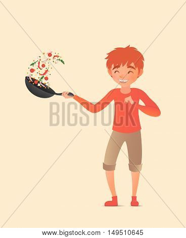 Child tossing vegetables in a wok. Flipping food in a pan. Vector illustration. Cute boy