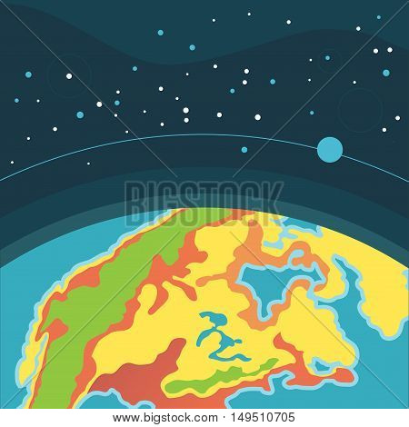 Earth in outer space. Cosmic background with Earth. Planet in universe, Cartoon vector.