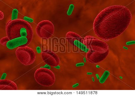 View inside blood vessel in patient with bacteriemia. 3D illustration. Bacteria in blood