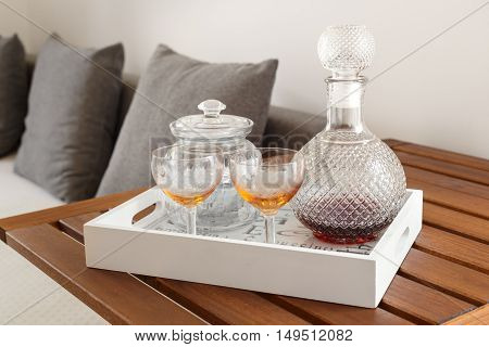 Table tray with Port wine bottle and glasses