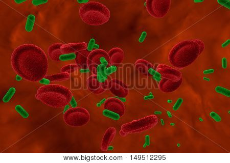 View inside blood vessel in patient with bacteriemia. 3D illustration. Bacteria in blood
