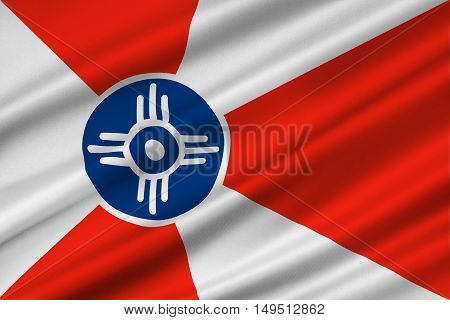 Flag of Wichita is the city in State of Kansas United States. 3D illustration