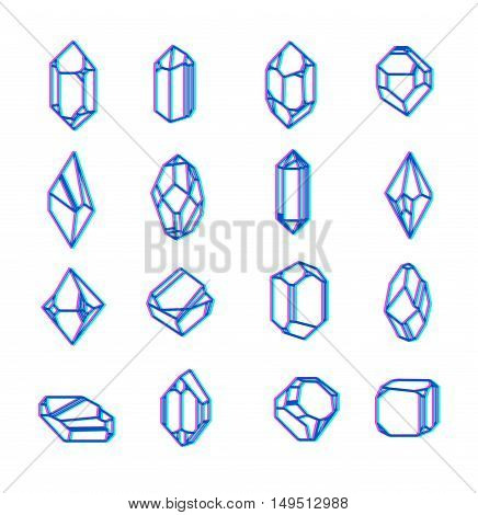 Set of space objects crystals with psychedelic crystals. Memphis style for hipsters. The elements for cover, fashion, t-shirts, gift cards, 80.