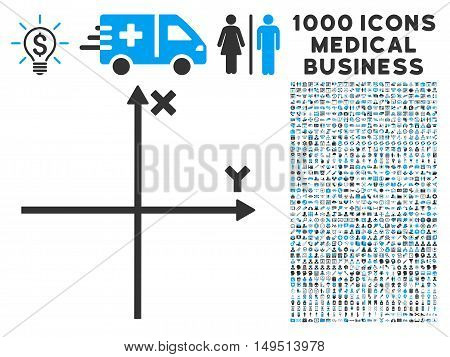 Cartesian Axes icon with 1000 medical business gray and blue glyph pictograms. Clipart style is flat bicolor symbols white background.