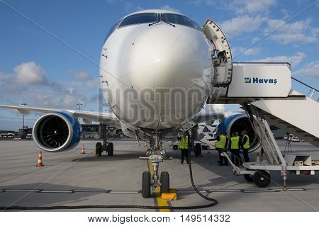 RIGA - SEPTEMBER 27: airBaltic new Bombardier CSeries passenger jet on display at Riga Airport - September 27, 2016 in Riga, Latvia