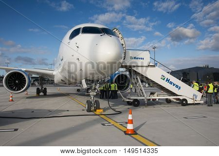 RIGA - SEPTEMBER 27: airBaltic new Bombardier CSeries passenger jet on display at Riga Airport - September 27, 2016 in Riga, Latvia