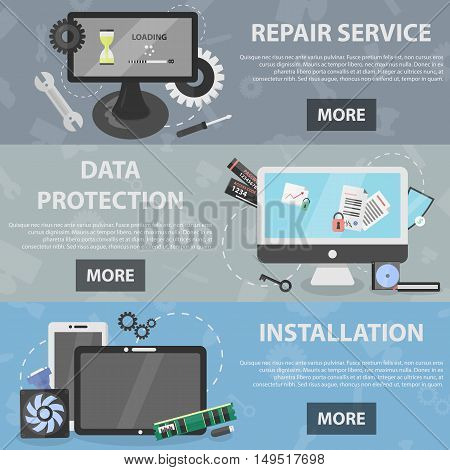 Vector flat horizontal banners of repair service, data protection and installation theme for website and apps. Business concept of fixing computers and electronics.
