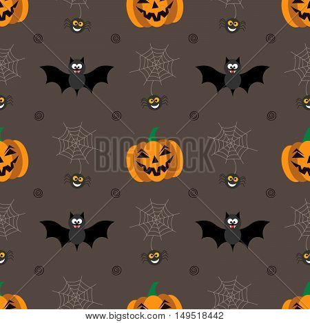 Seamless background for Halloween with pumpkins, bats and gossamer. Vector illustration in modern flat design.