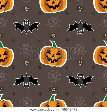 Seamless background for Halloween with pumpkins, web and bat. Vector illustration in modern flat design. Sticker
