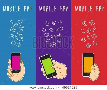 Set of banners with mobile smartphone templates. Vertical banner with hand keeping mobile phone. Banner with mobile phone mockup. Mobile touch screen of phone for banner. Web banner with ballon talk