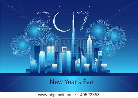 Dubai cityscape with skyscrapers and landmarks and New Year Eve 2017 fireworks in the sky vector illustration