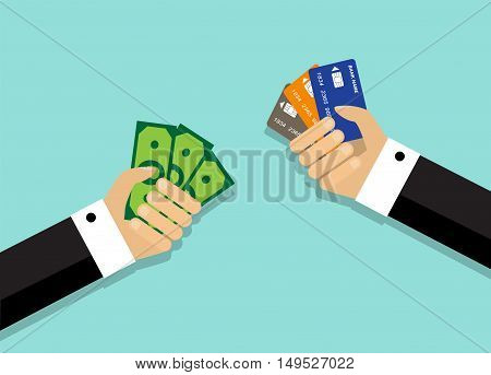 Two arms. One hand holds a credit card, while the other hand holds money