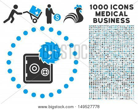 Hacking Theft icon with 1000 medical commerce gray and blue glyph design elements. Clipart style is flat bicolor symbols white background.