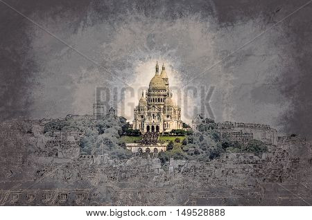 Sacre Coer in cityscape of Paris. Vintage painting, background illustration, beautiful picture, travel texture