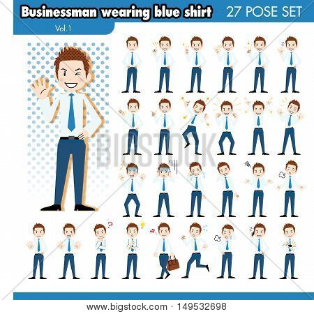 set of various poses of Businessman in blue shirt 