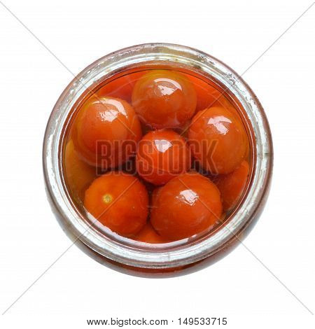 Marinated tomatoes in the round pot isolated