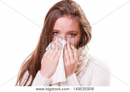 Flu cold or other virus. Sick woman girl with fever sneezing in tissue suffering from quinsy. Health care.