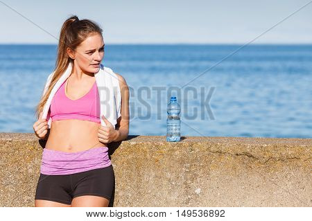 Woman Drinking Water After Sport Gym Outdoor