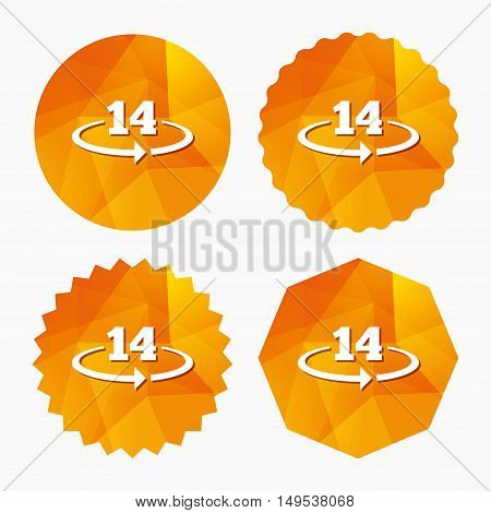 Return of goods within 14 days sign icon. Warranty exchange symbol. Triangular low poly buttons with flat icon. Vector