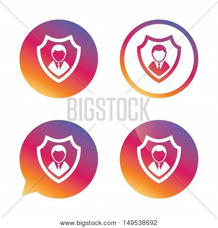 Security agency sign icon. Shield protection symbol. Gradient buttons with flat icon. Speech bubble sign. Vector
