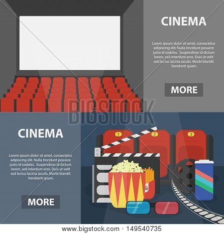 Vector flat horizontal banners of cinema for website and apps. Business concept posters of movie theme.