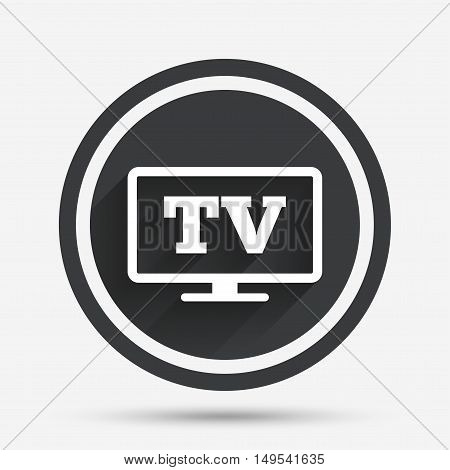 Widescreen TV sign icon. Television set symbol. Circle flat button with shadow and border. Vector
