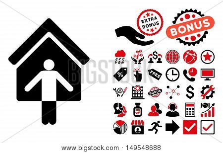 House Owner Wellcome pictograph with bonus clip art. Glyph illustration style is flat iconic bicolor symbols, intensive red and black colors, white background.
