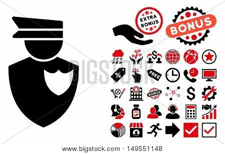 Policeman pictograph with bonus design elements. Glyph illustration style is flat iconic bicolor symbols, intensive red and black colors, white background.