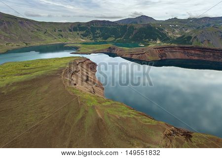 Lake in the Caldera volcano Ksudach. South Kamchatka Nature Park. View from the helicopter.