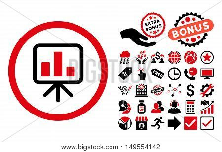 Slideshow Screen icon with bonus elements. Glyph illustration style is flat iconic bicolor symbols, intensive red and black colors, white background.